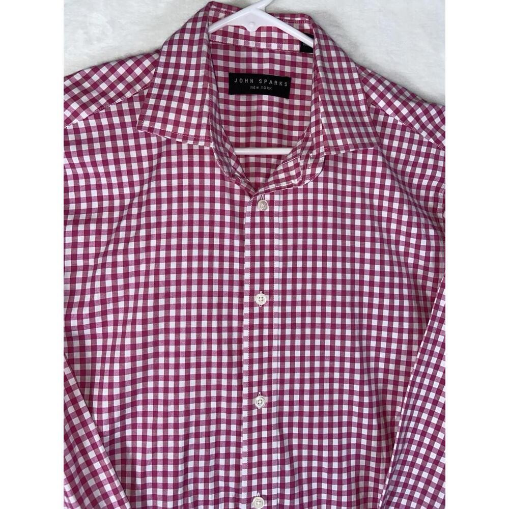 John Sparks Shirt Adult M 15-15.5 32/33 White Pink Button Up Stretch Check Men